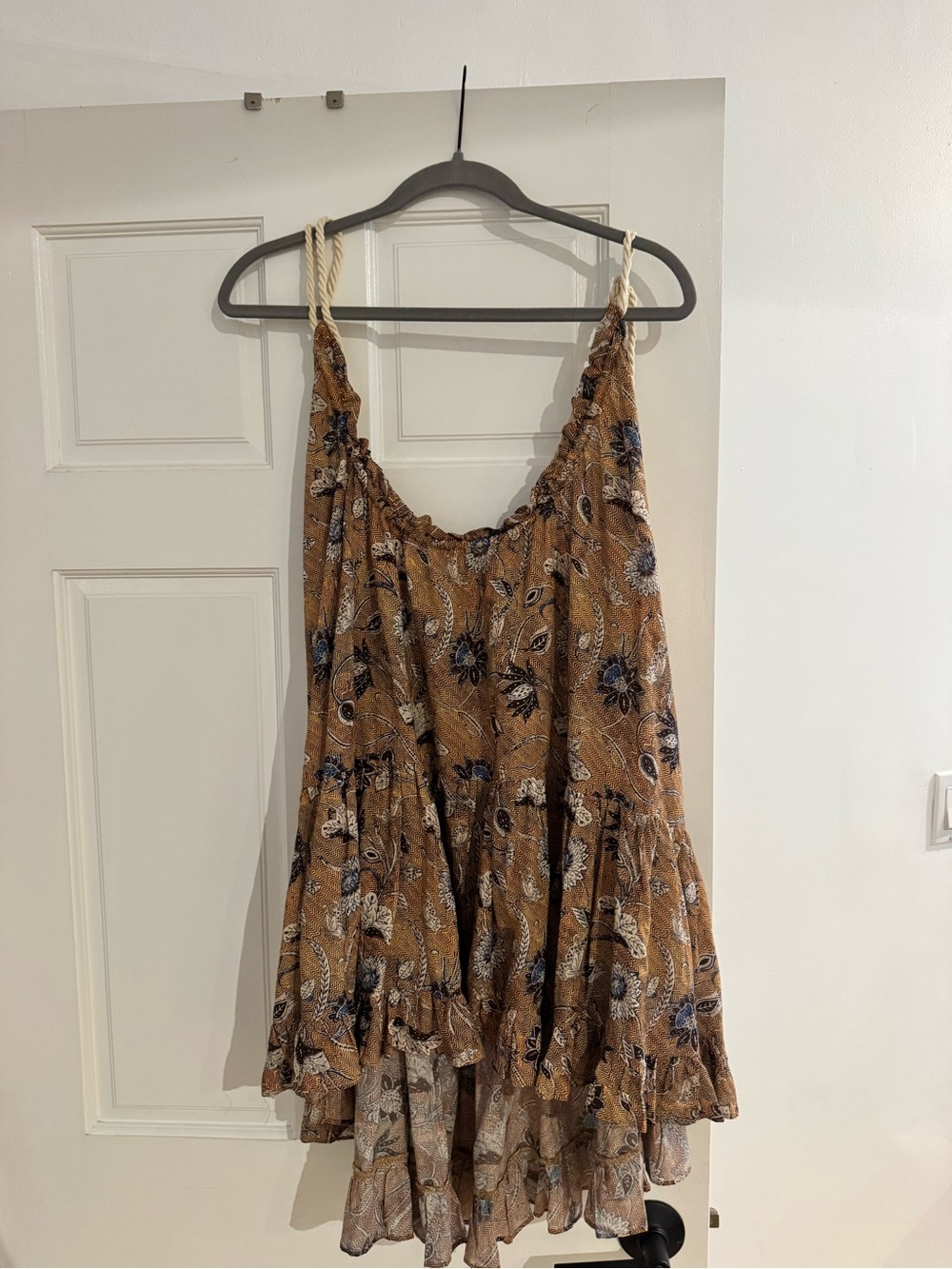 Ulla Johnson Brown Floral Tiered Mini Dress with Navy Accents